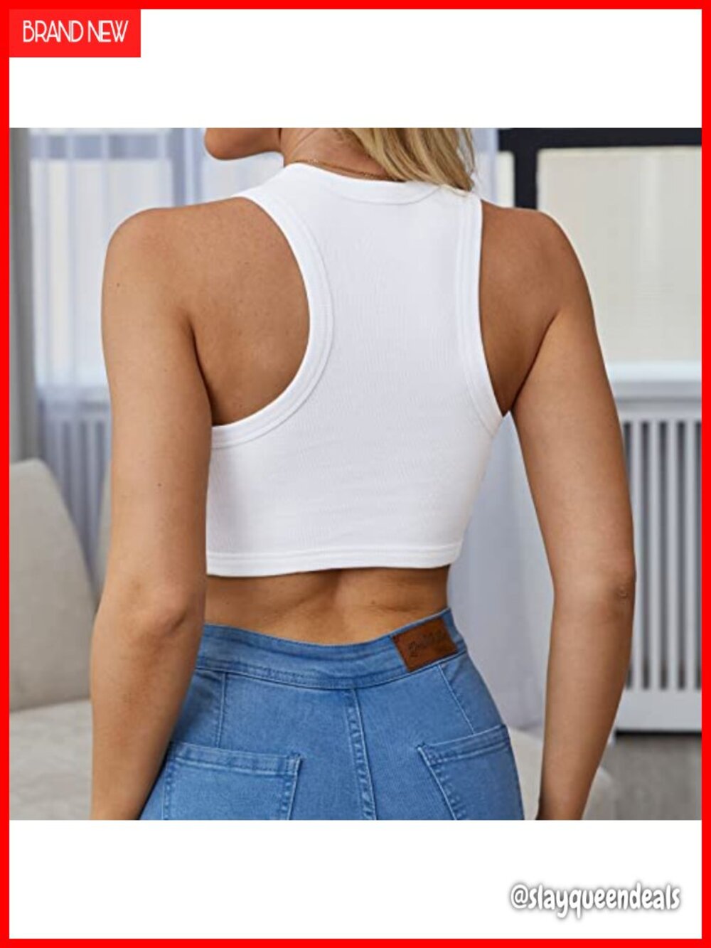 Crew Neck Racerback Knit Ribbed Basic Sleeveless Crop Tank Top - Picture 2 of 7